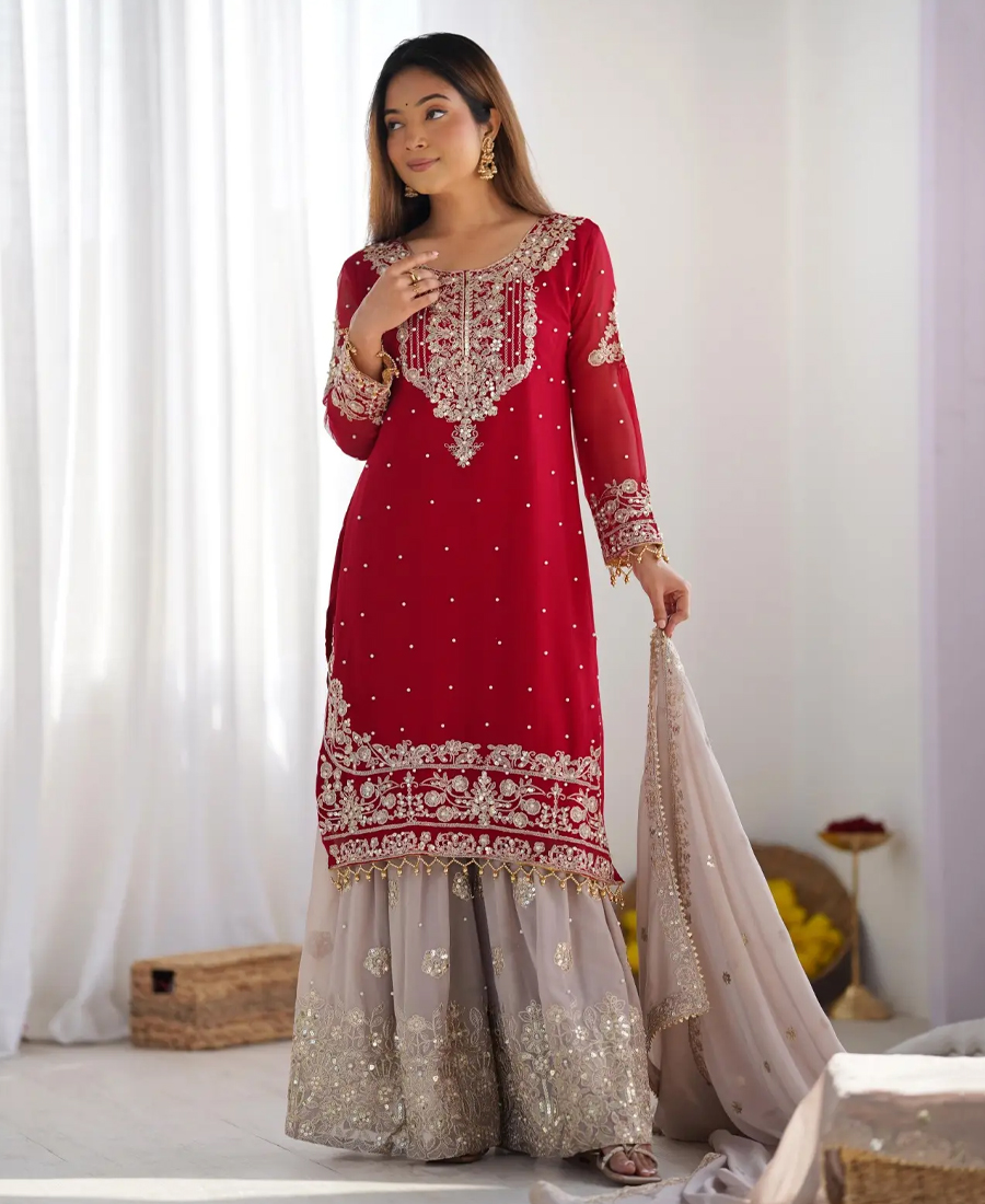 new red georgette sharara suit for women...