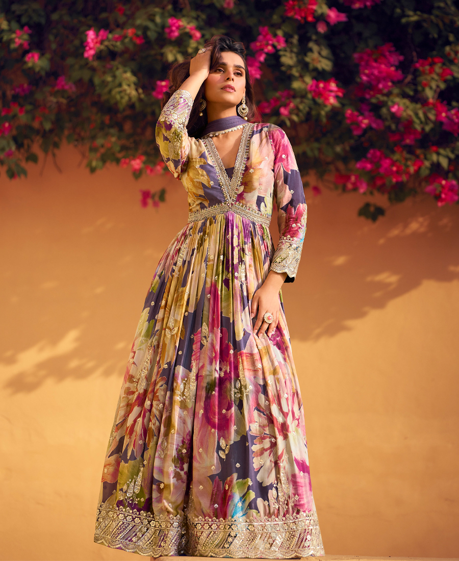 Purple Floral Printed Chinon Anarkali Fo...