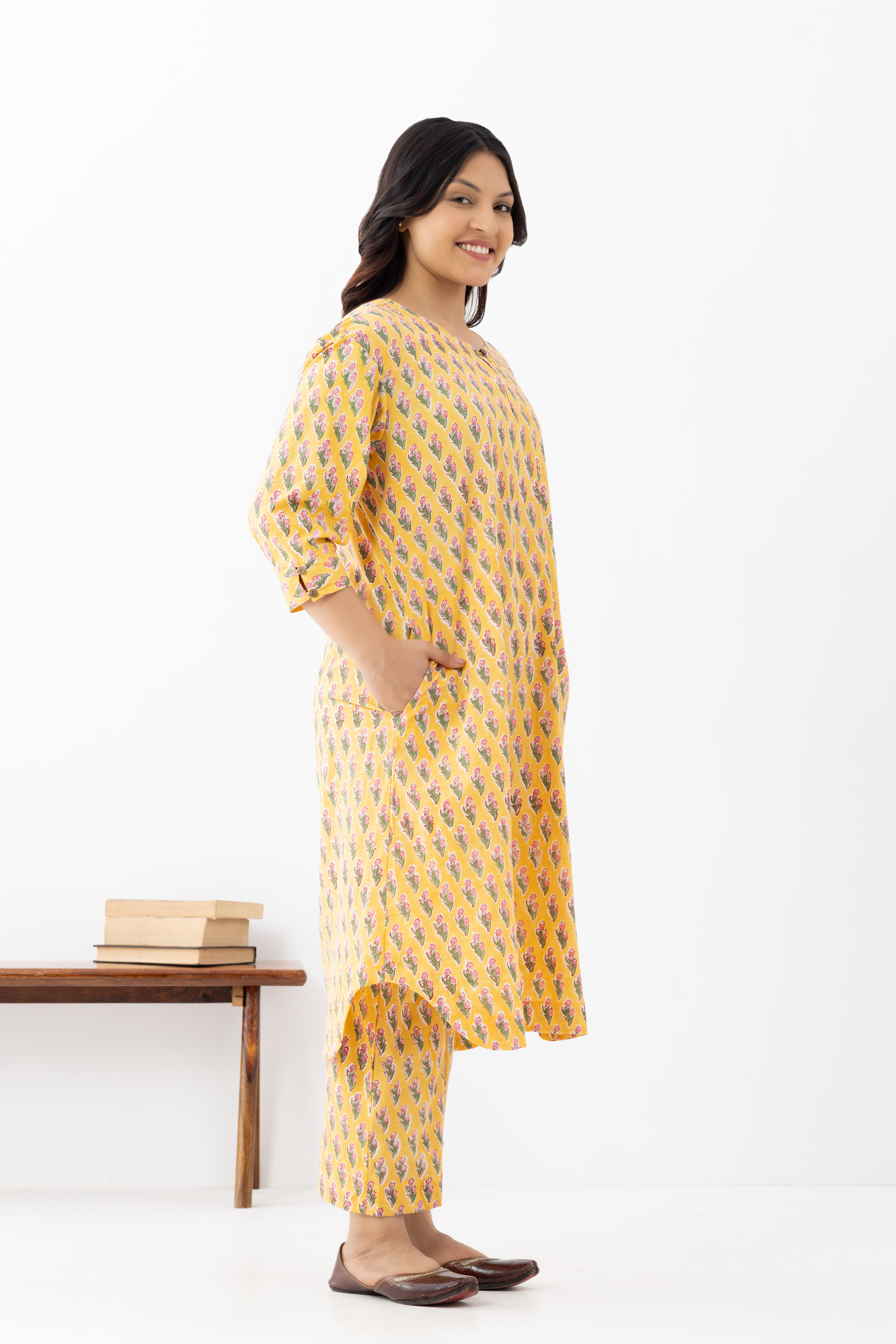 Mustard Yellow Printed Cotton Kurta Set...