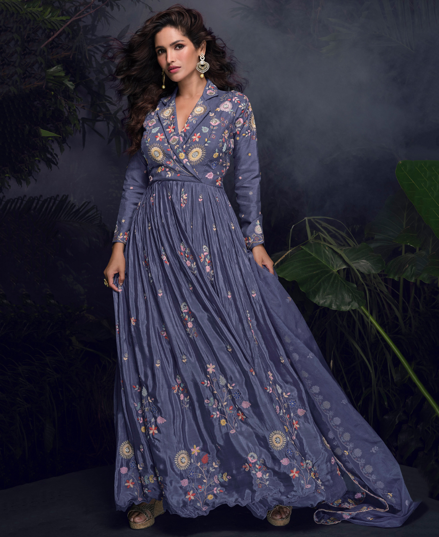 Designer Chinon Silk Lilac Anarkali Suit...