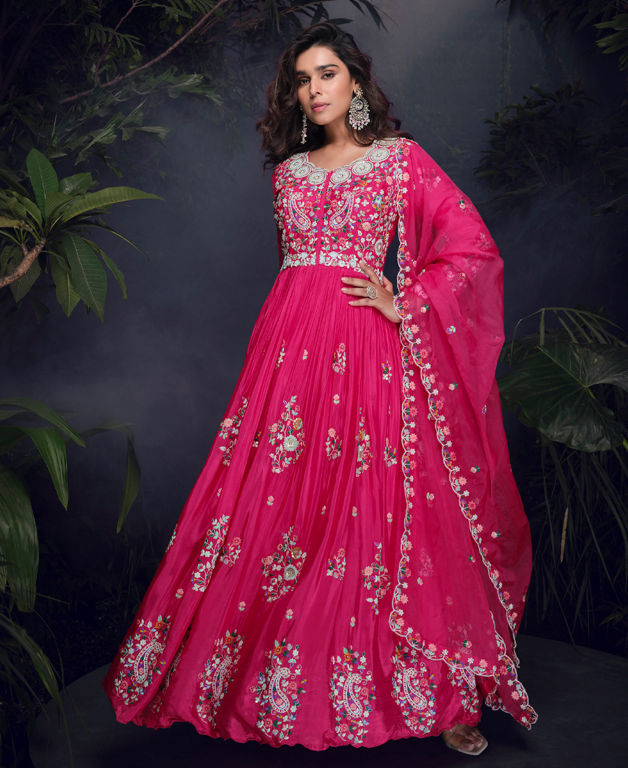 Designer Chinon Silk Pink Anarkali Suit...