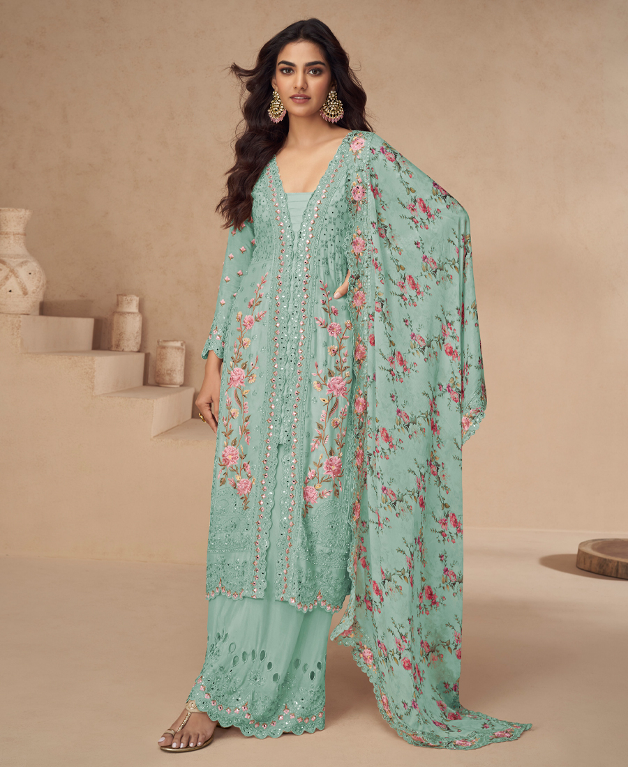 Designer Baby Blue Summer Wear Chinon Pa...
