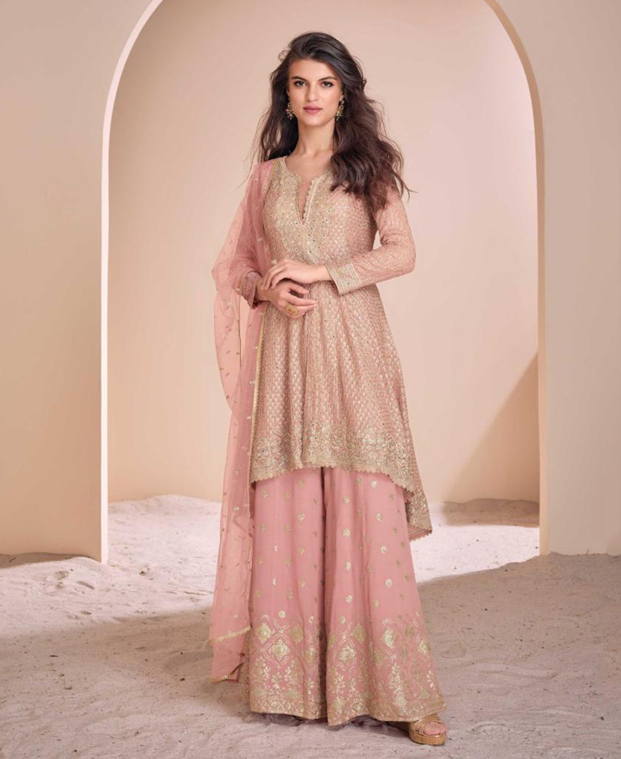Designer Heavy Embroidered Peach Georget...