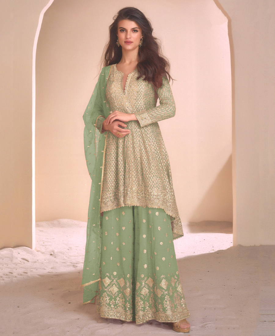 Designer Heavy Embroidered Pista Green G...