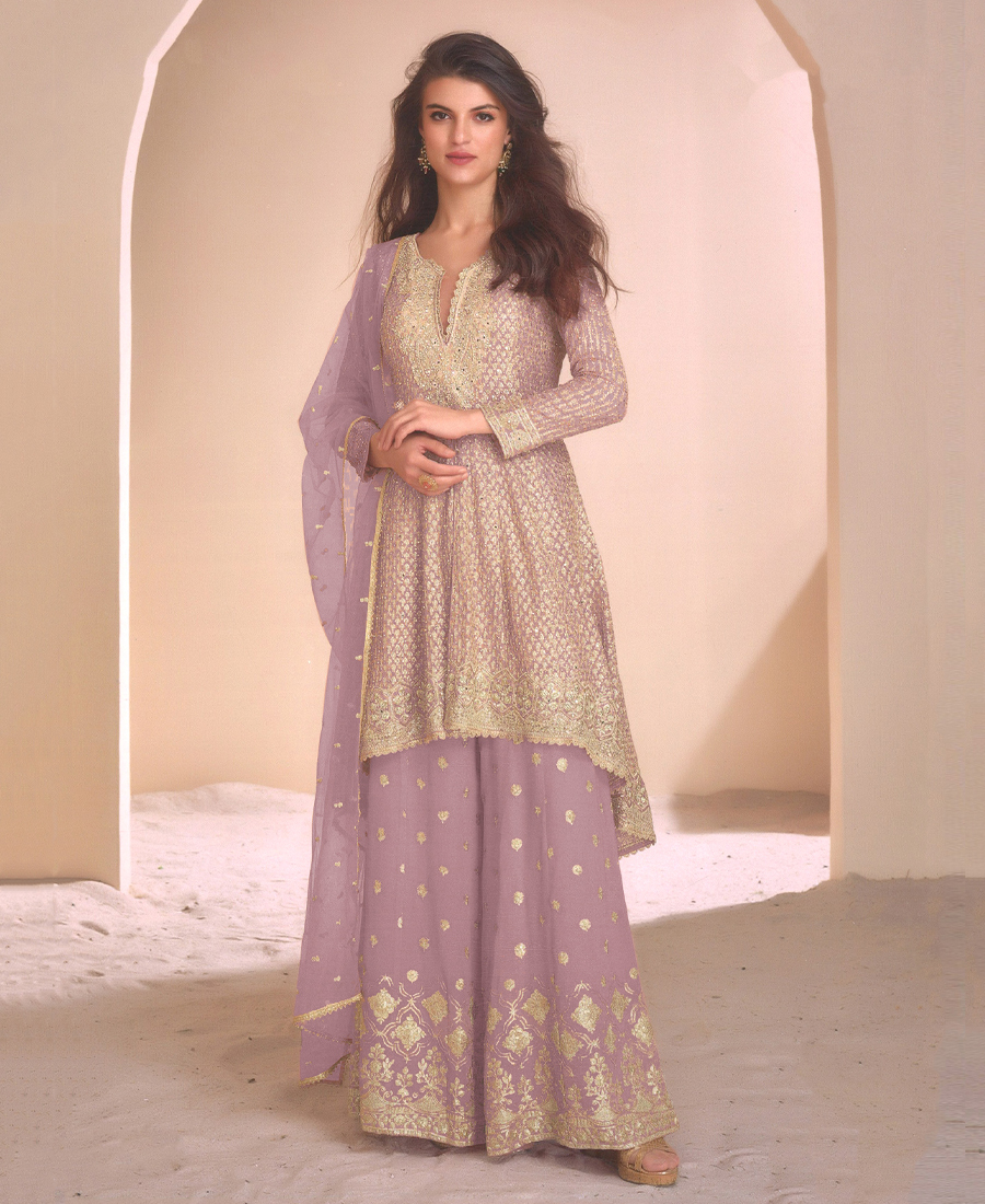 Designer Heavy Embroidered Pink Georgett...