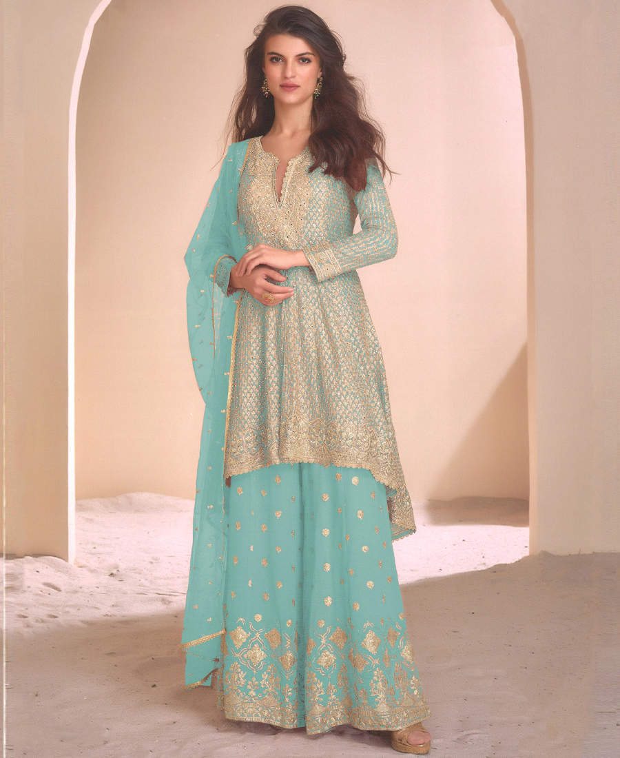Designer Heavy Embroidered Baby Blue Geo...