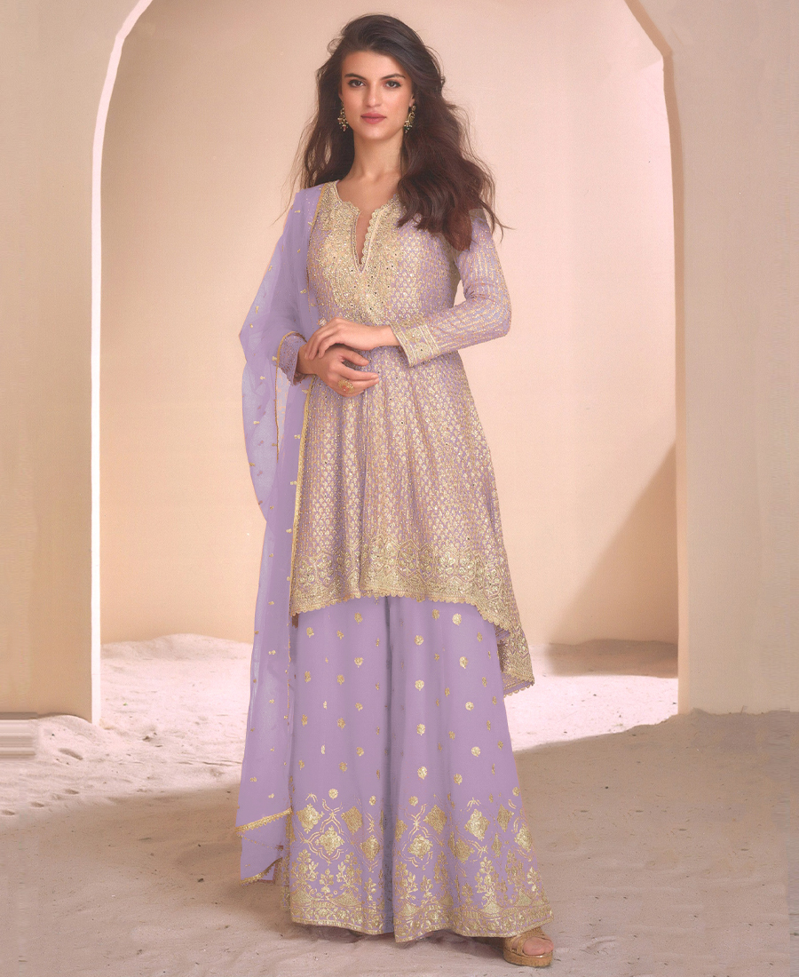 Designer Heavy Embroidered Lilac Georget...