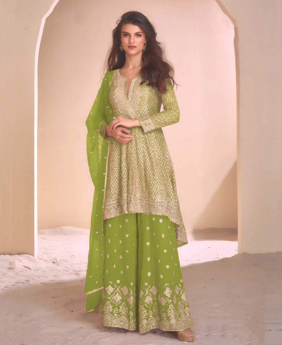 Designer Heavy Embroidered Green Georget...