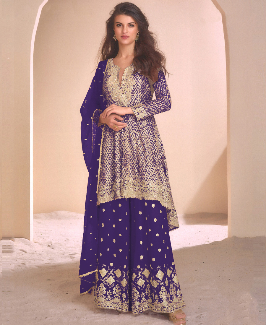 Designer Heavy Embroidered Blue Georgett...