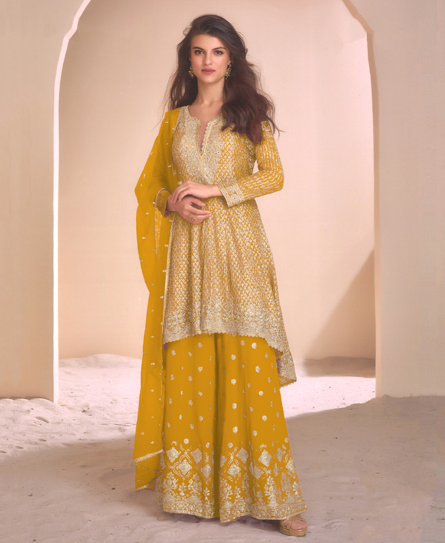 Designer Heavy Embroidered Yellow George...