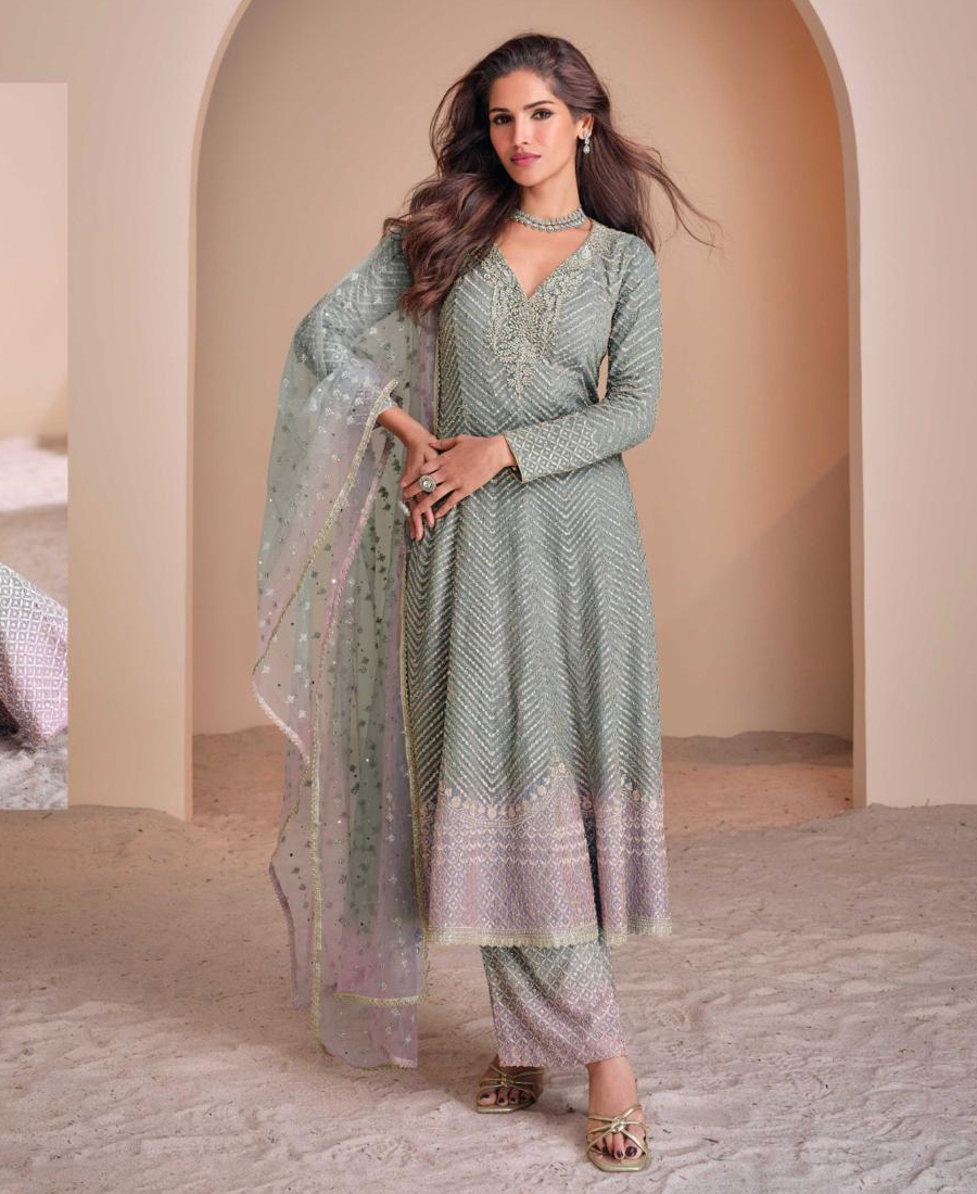 Designer Heavy Embroidered Green Georget...