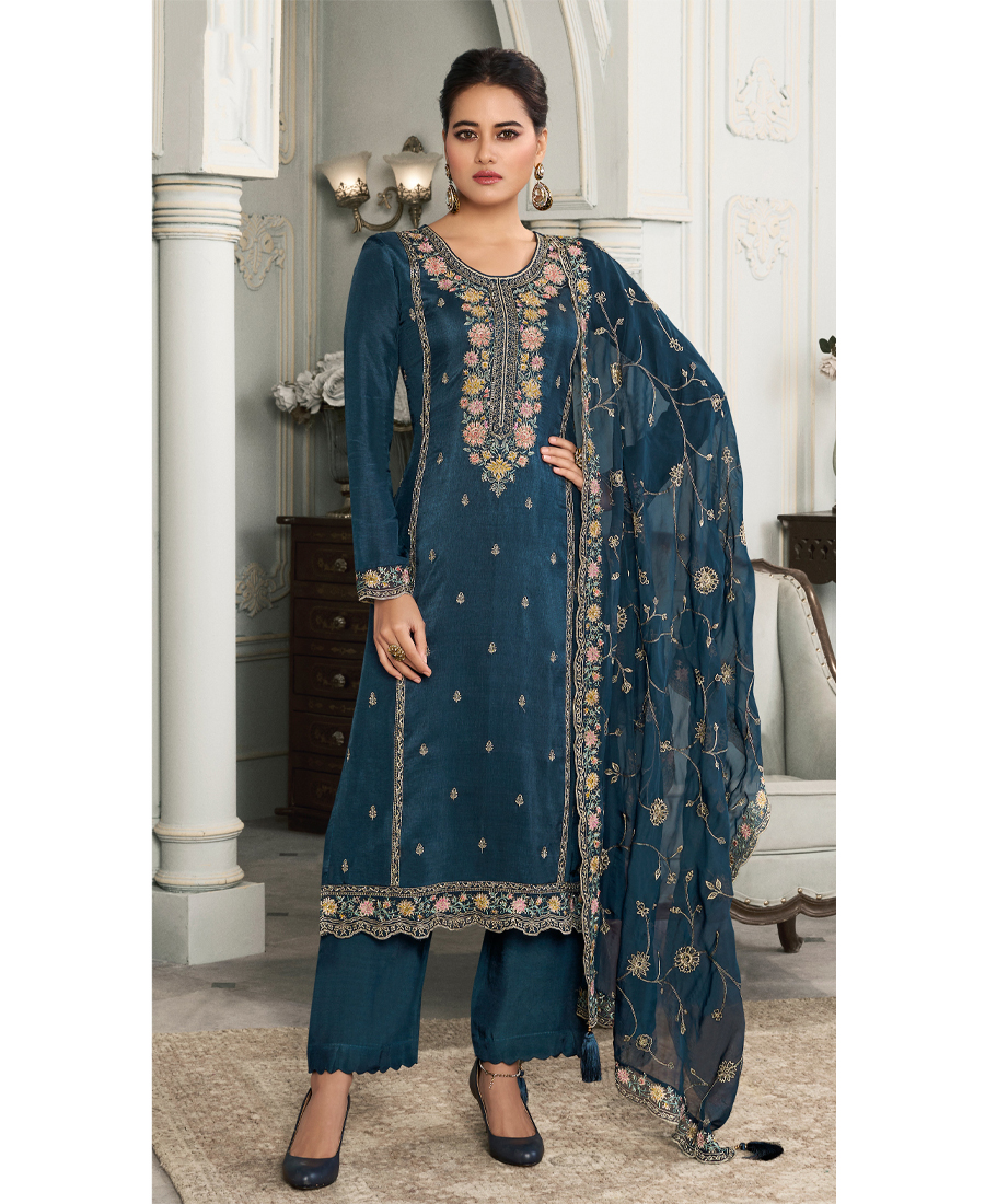 Latest Munga Silk Blue Straight Suit For...