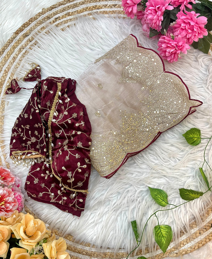 Designer Chiffon Beige Saree With Maroon...