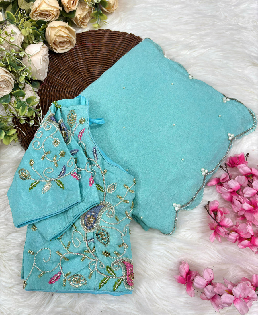 Beautiful Sky Blue Crunchy Silk Saree Fo...