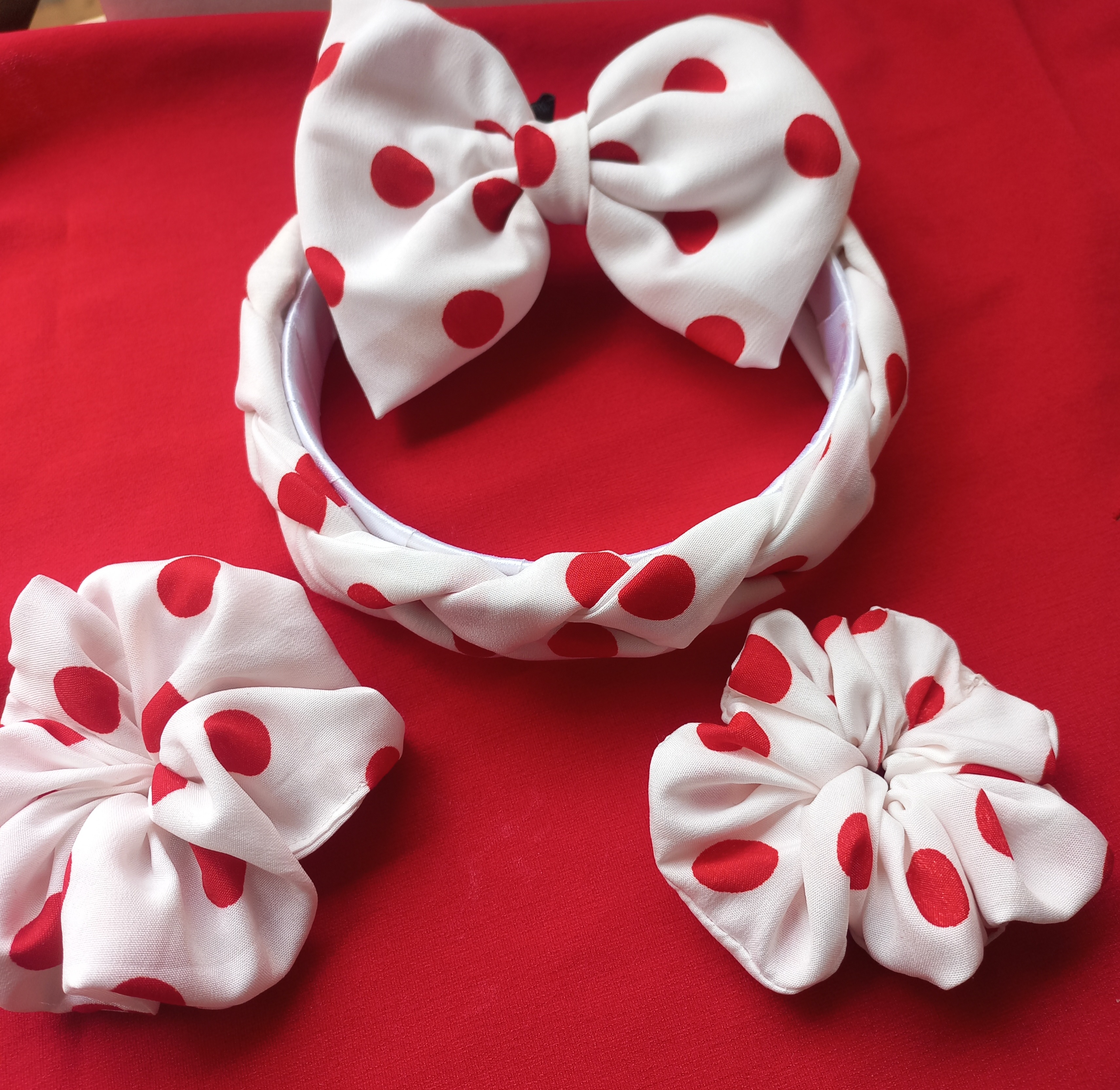 White Braided HairBand with White Polka...
