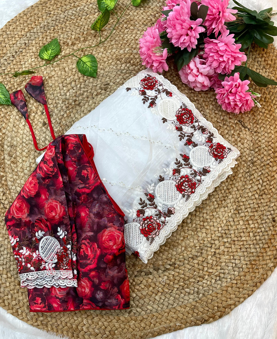 Latest Candy Silk Red Embroidery Saree F...