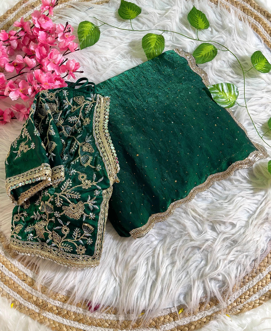 Green Satin Silk Saree With Fancy Diamon...