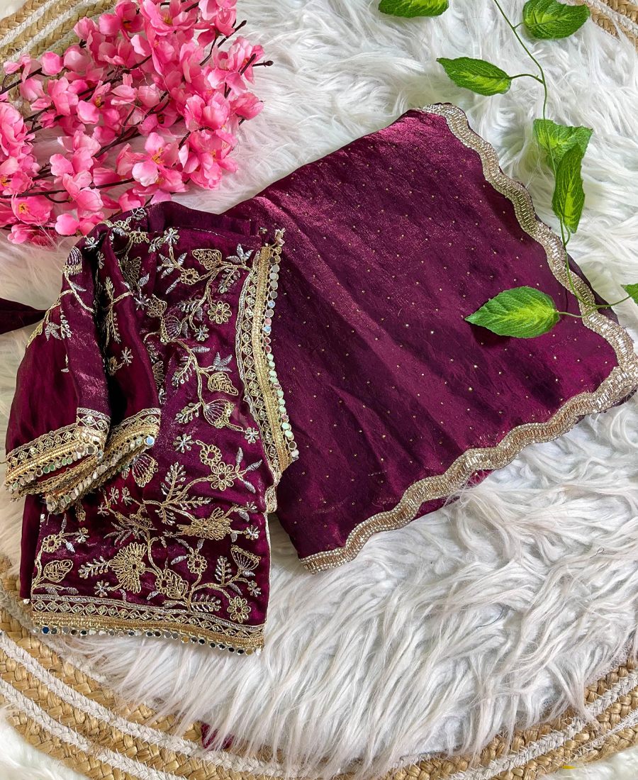 Magenta Satin Silk Saree With Fancy Diam...