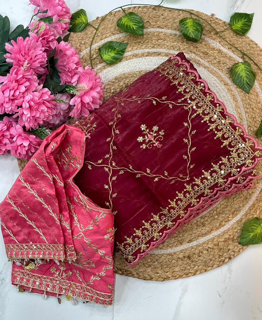 Pure Jimmi Choo Silk Maroon Heavy Embroi...