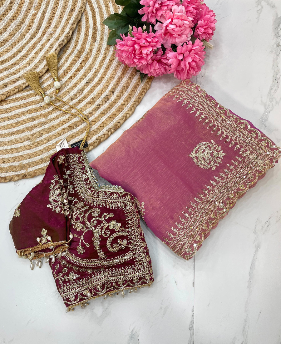 Ton To Ton Pink Chiffon Silk Heavy Embro...