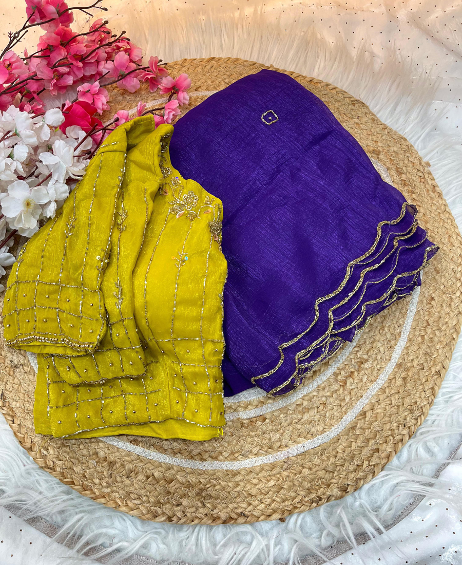 Designer Purple Crunchy Silk Saree With...