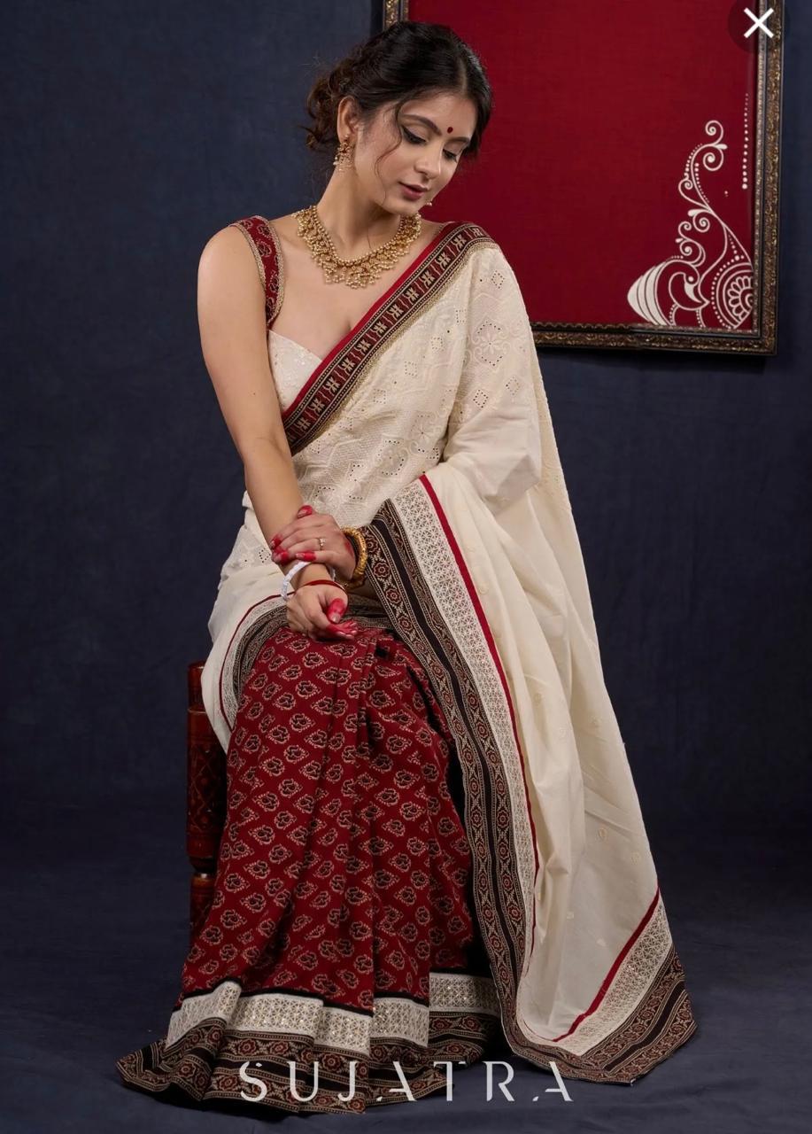 Elegant Off-White and Maroon Pure Cotton...