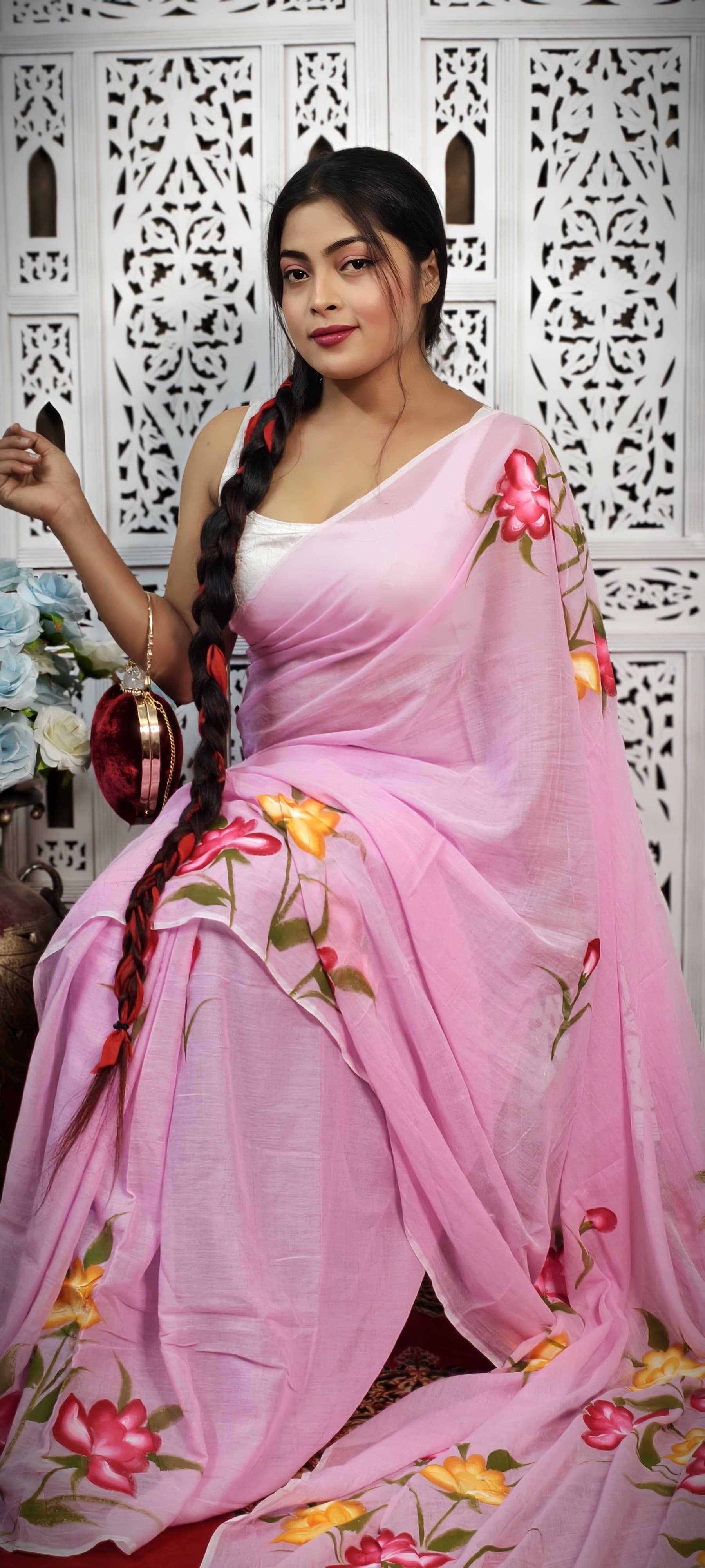 Pure Mul Cotton Hand-Painted Floral Sare...