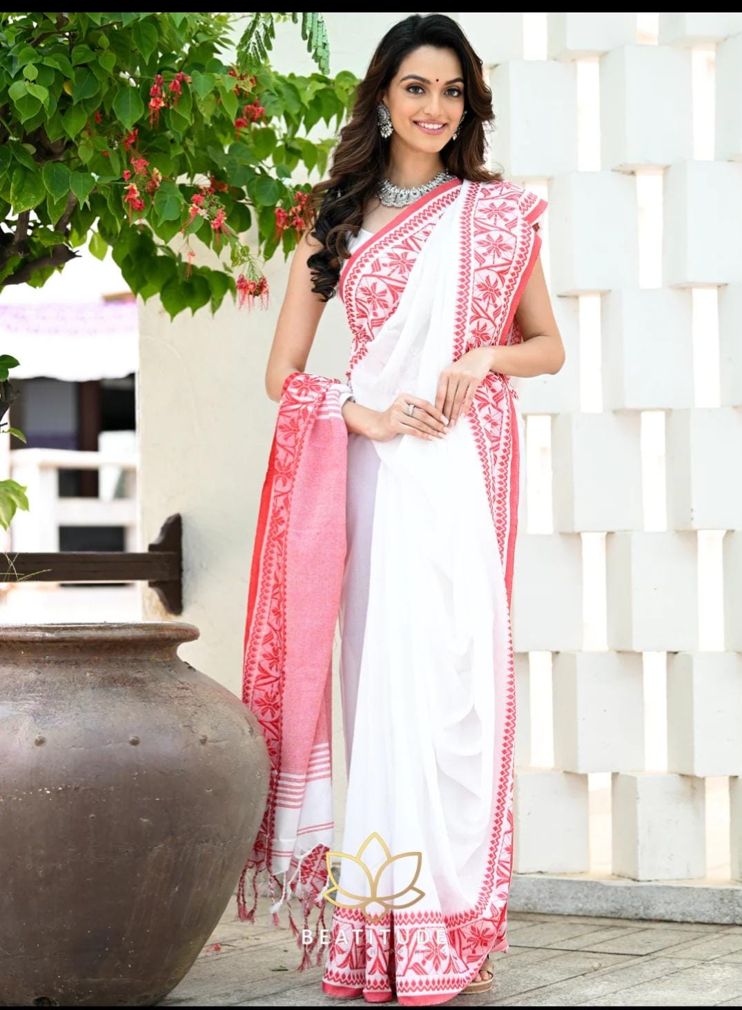 Festive Khadi Cotton Saree in White & Pi...