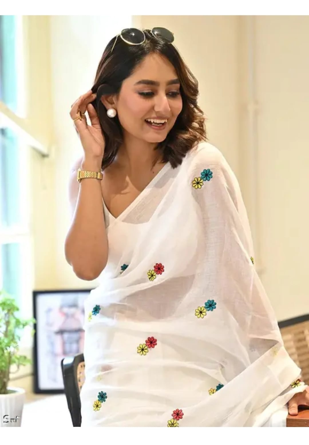 Festive White Khadi Cotton Saree with Co...