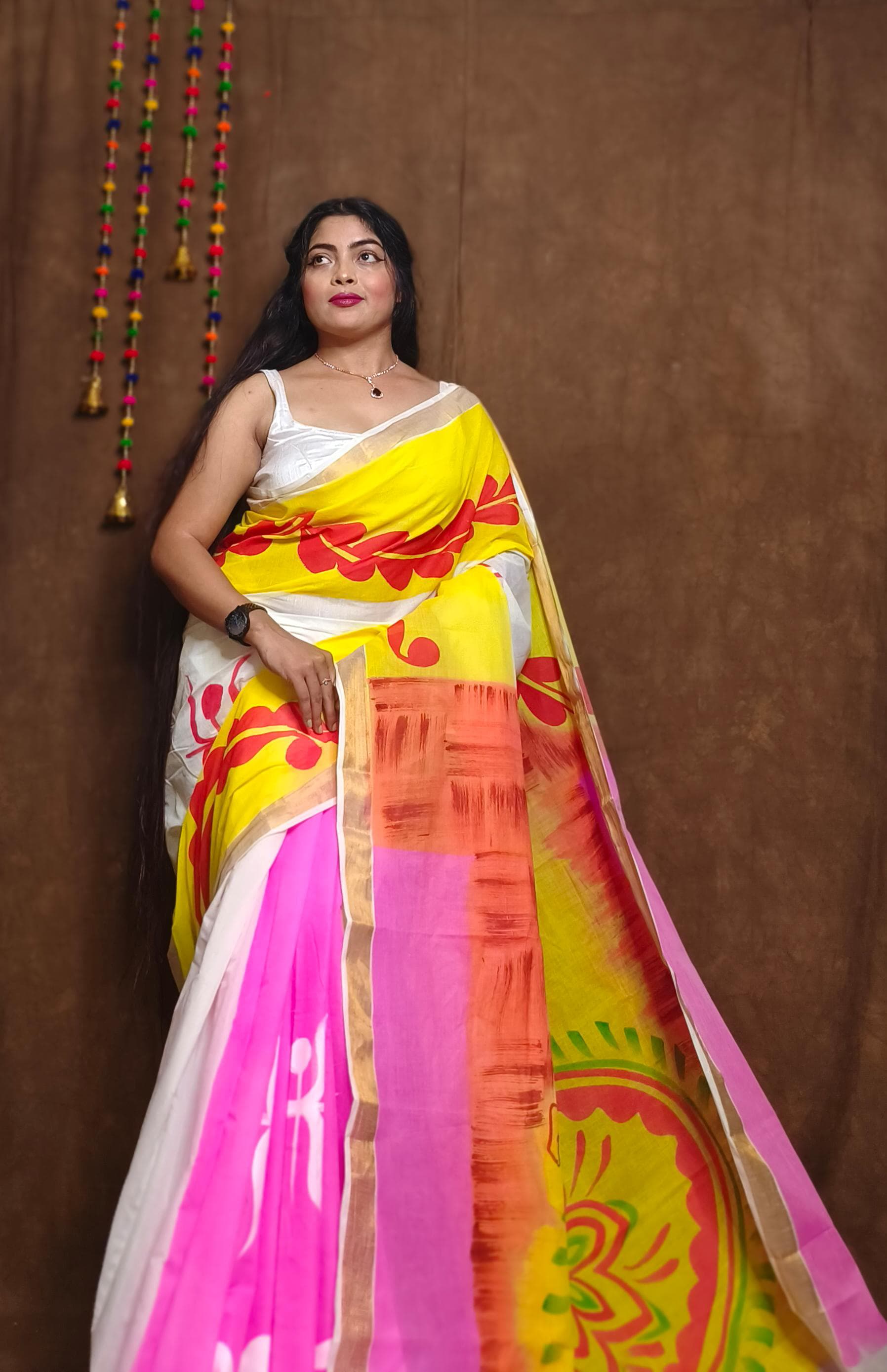 Vibrant Kerala Cotton Hand-Painted Saree...