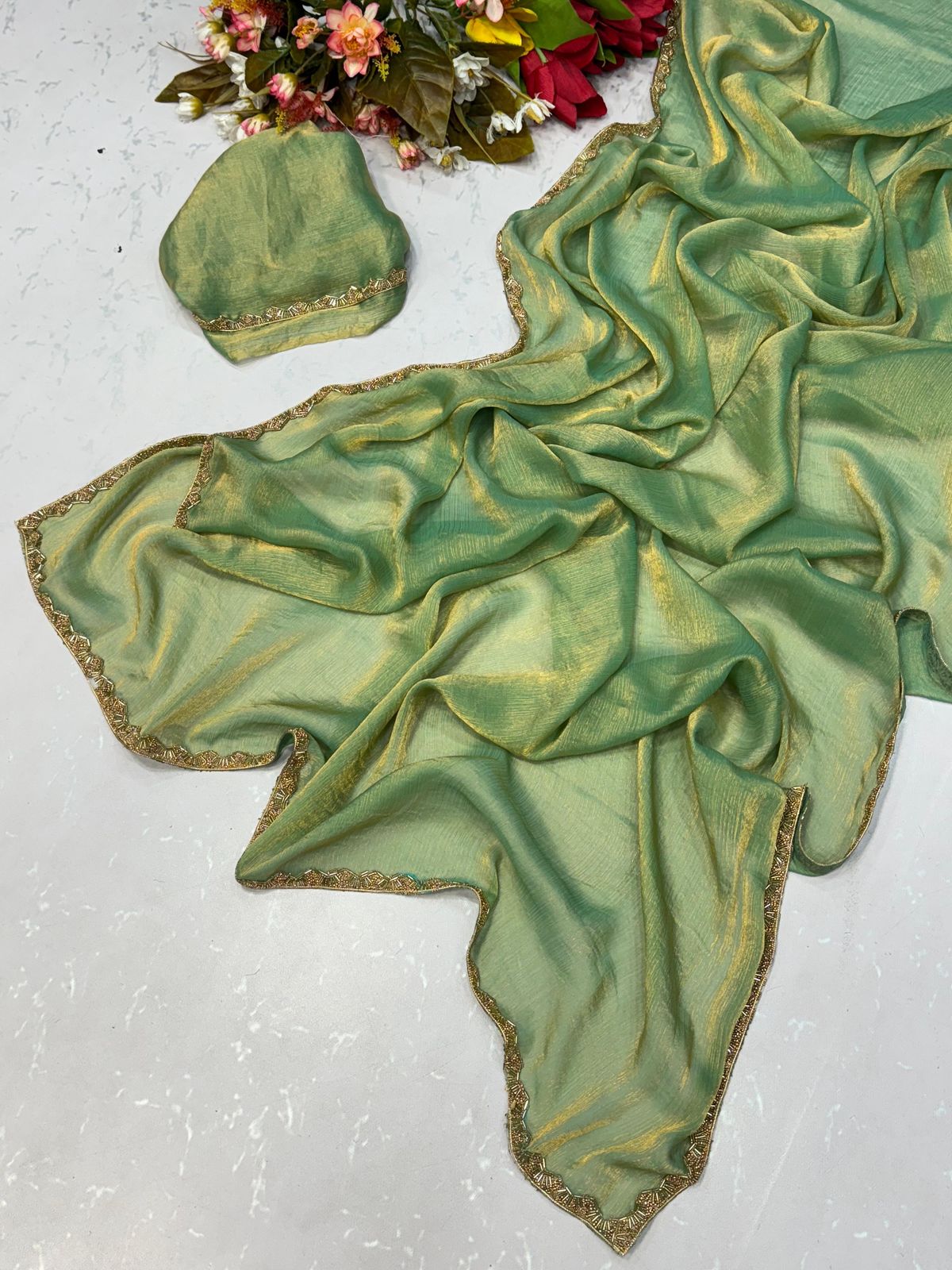 Teal Lightweight Pure Organza Banarasi S...
