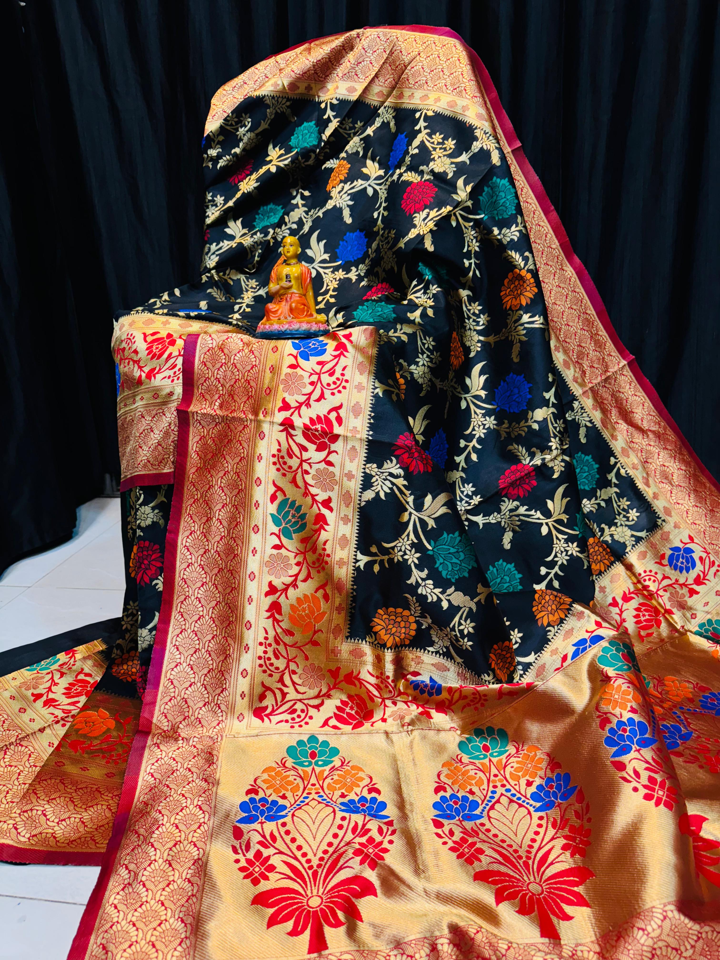 Exclusive Black Paithani Silk Saree with Rich Zari Weaving & Blouse Piece – Supe...