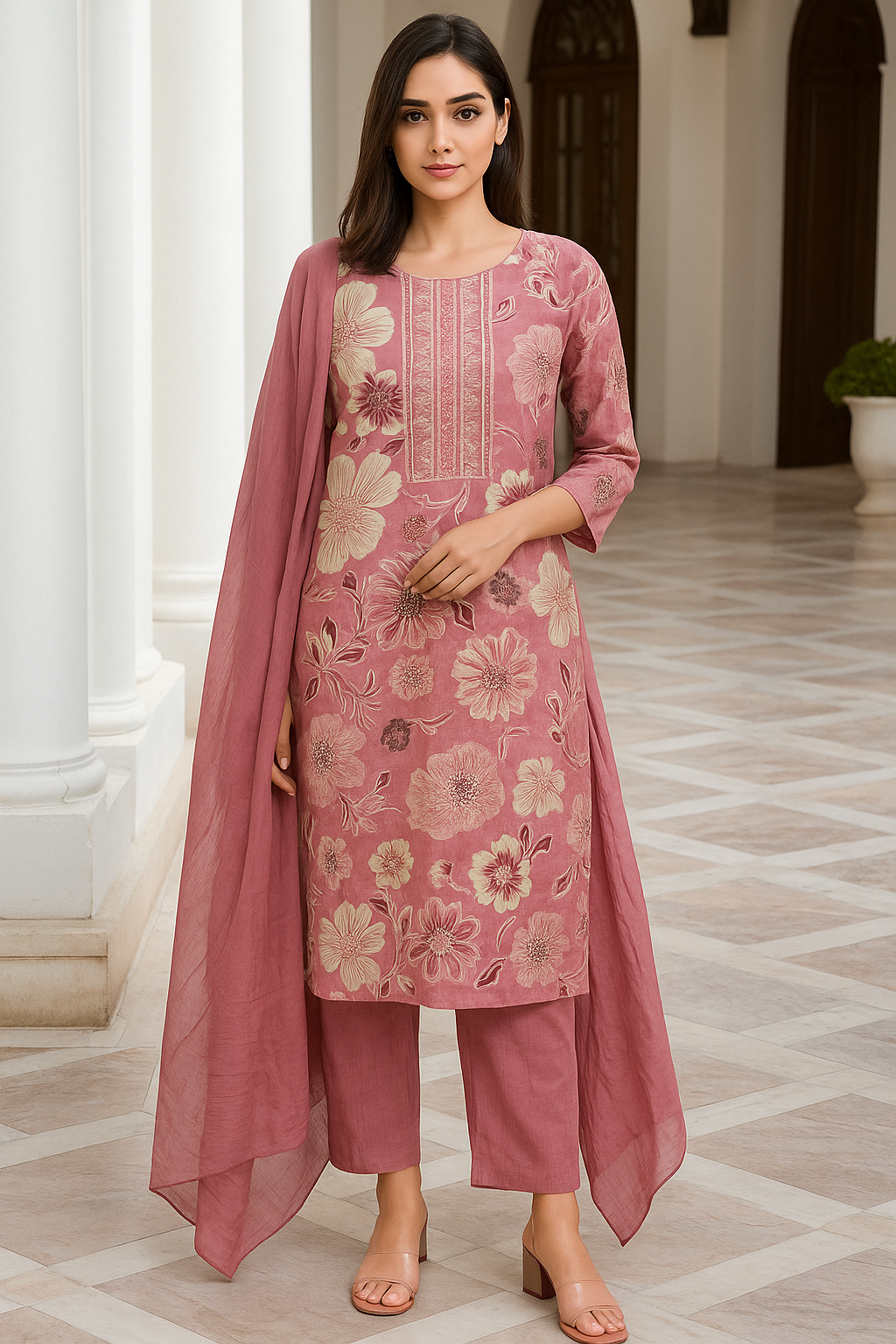 Dusty Rose Floral Printed Kurta Set with...