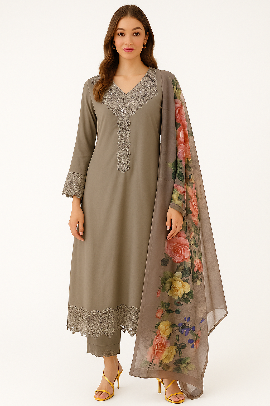 Grey-brown Taupe Embroidered Straight-Cu...