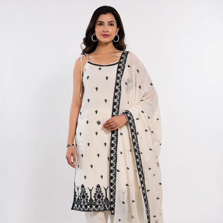 Ivory & Black Embroidered Suit with Dupa...