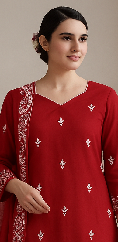 Elegant Red Embroidered Pure Cotton Suit...