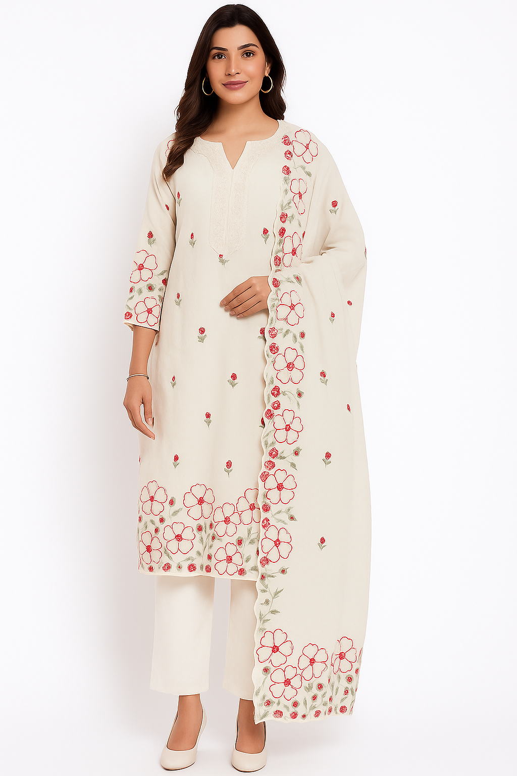 Ivory Floral Embroidered Cotton Suit