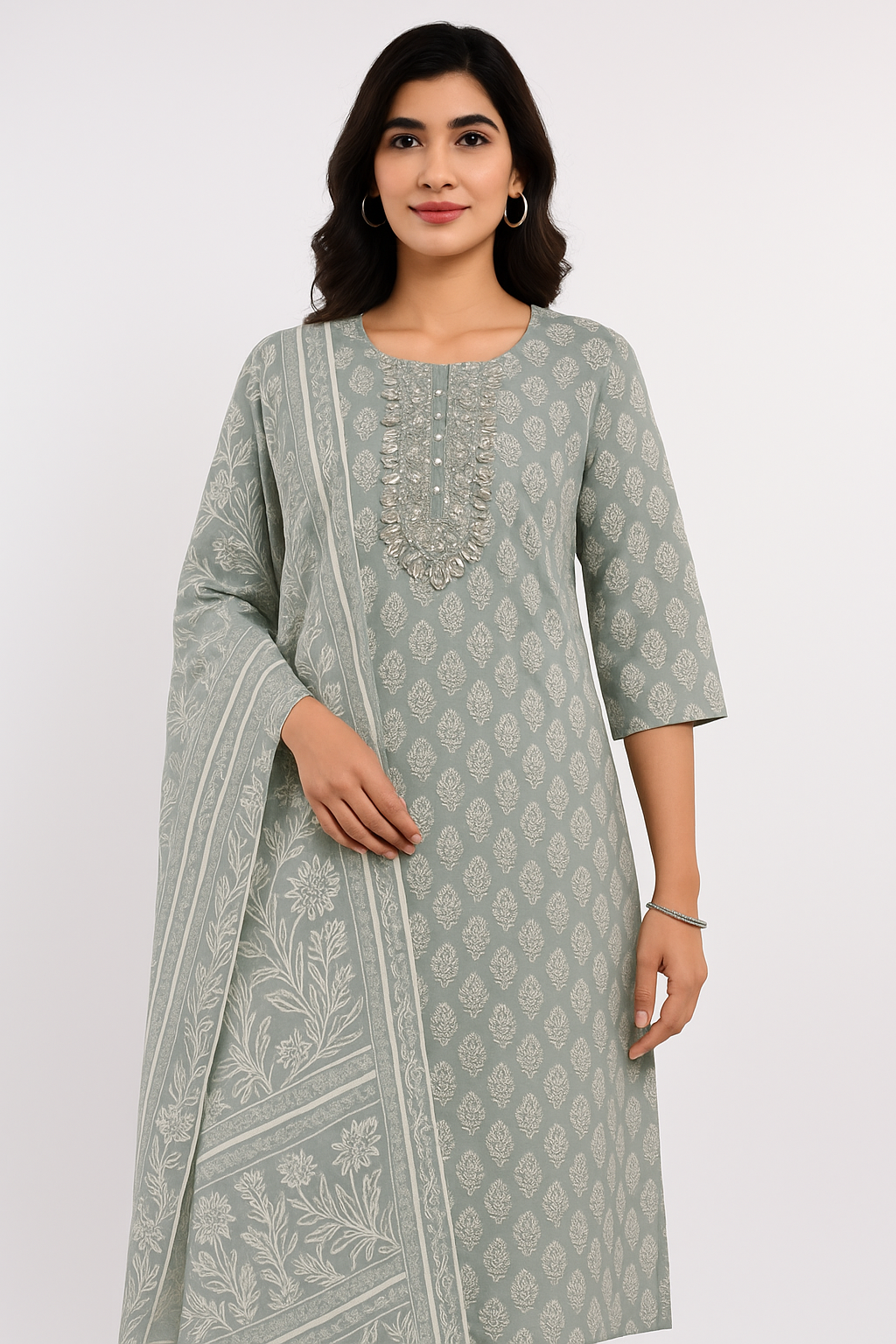 Grey Printed suit with Matching Dupatta
