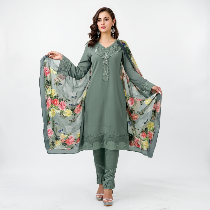 Sage Green Embroidered Georgette Suit wi...