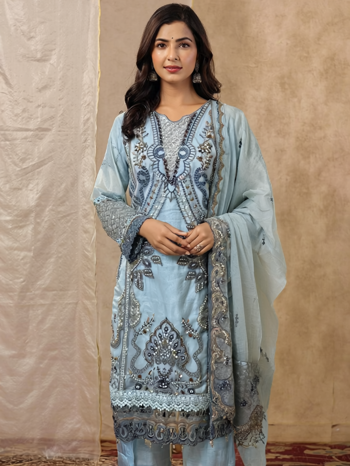 Sky Blue Embroidered Suit Set with Dupat...