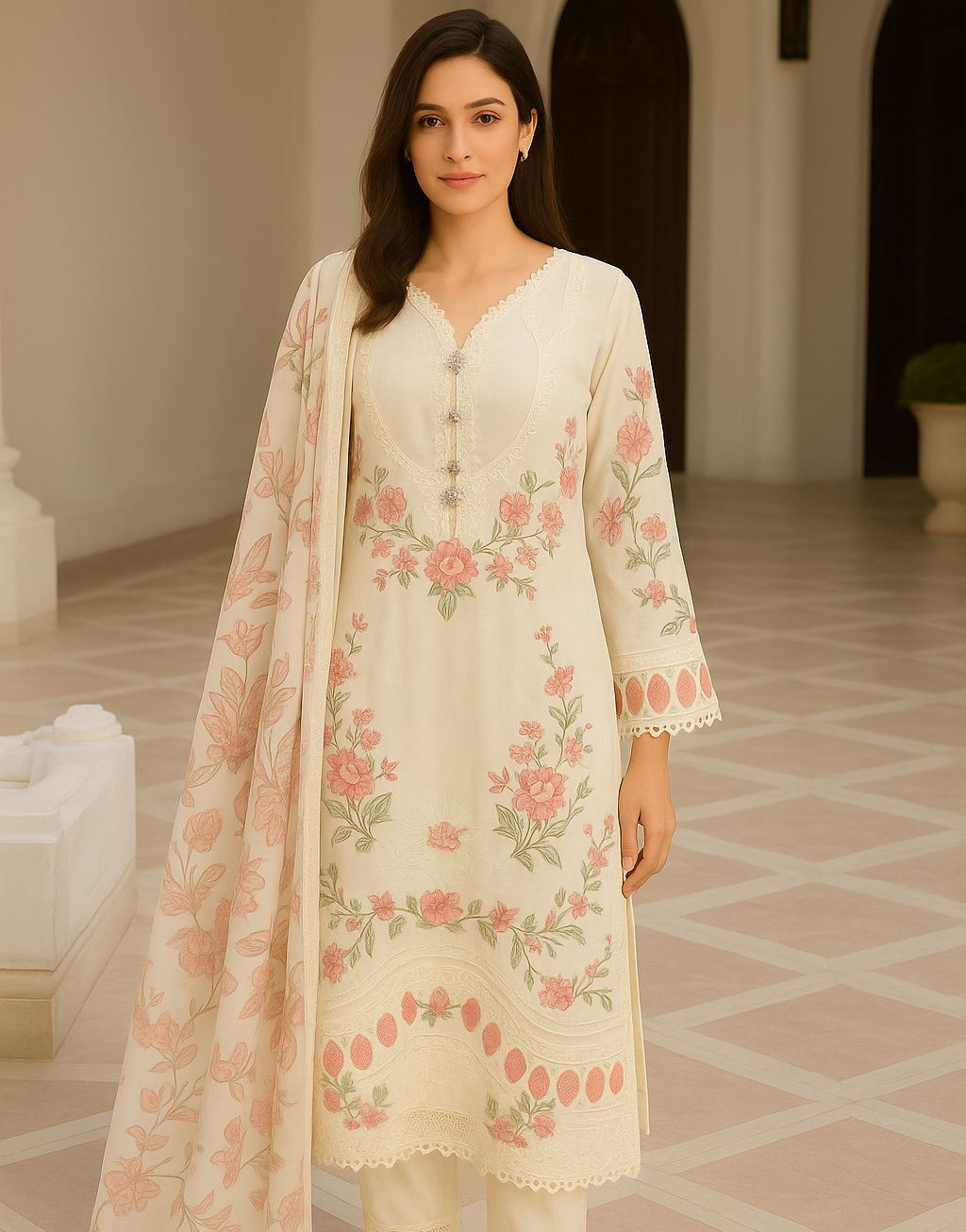 Ivory Floral Embroidered Suit Set with S...