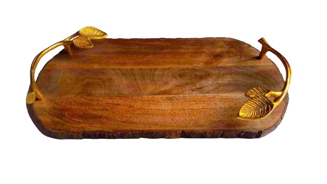 Mango Wood Tray with Golden Handles for...