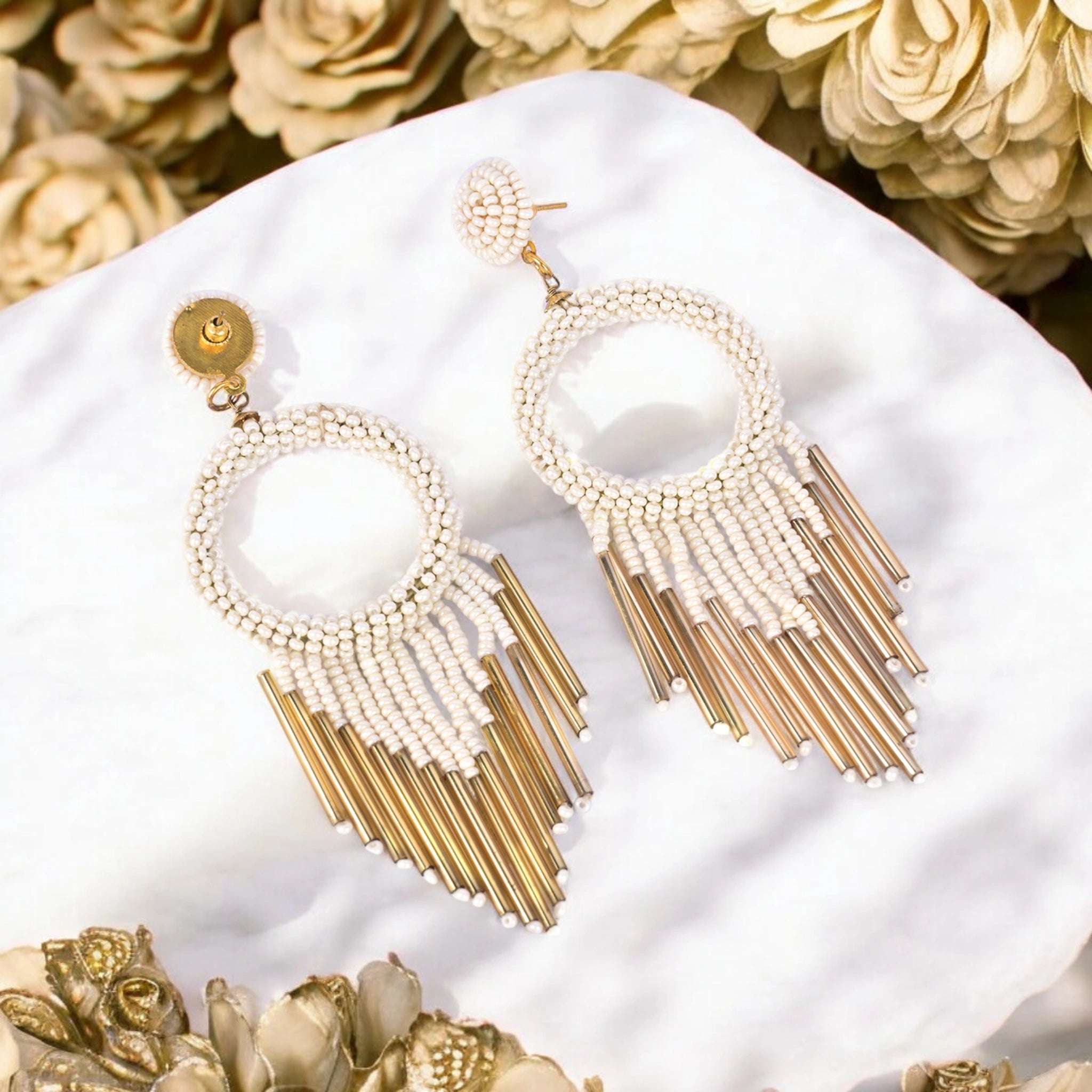 White Beaded Hoop Earrings with Gold Fri...