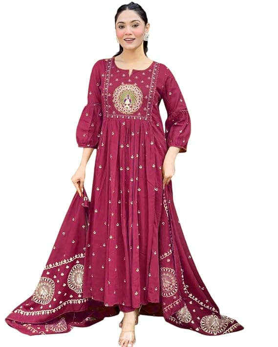 Women's Cotton Embroidered Anarkali Kurt...