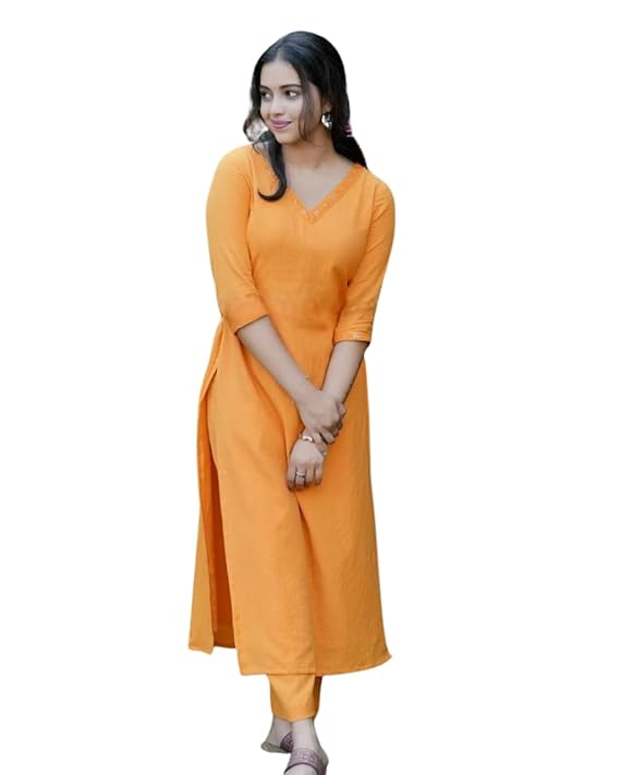 Women's Cotton V-Neck Solid Straight Kur...