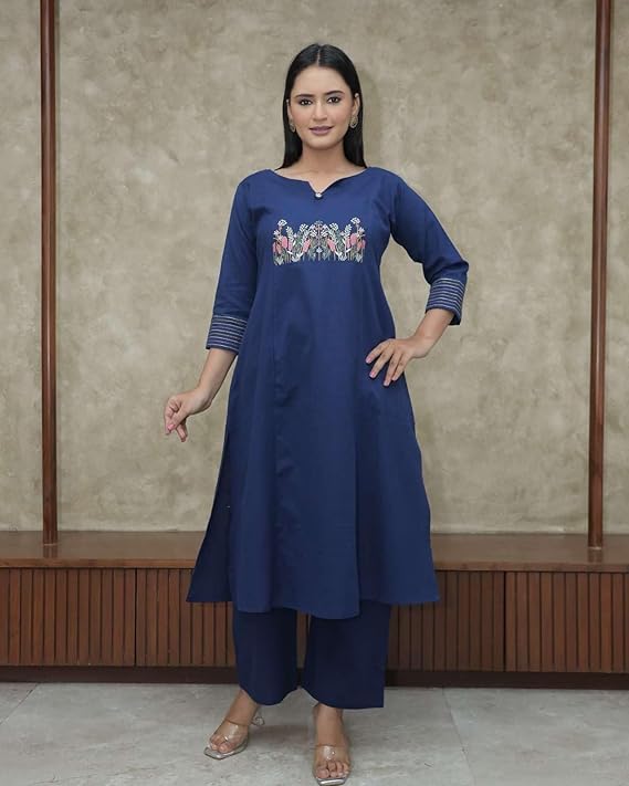 Women's Cotton Embroidered Straight Kurt...
