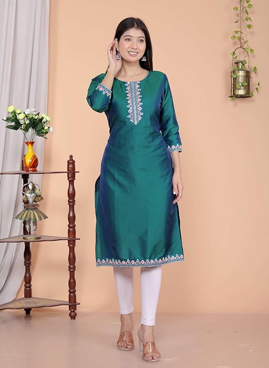 Women's Satin Embroidered Printed Straig...