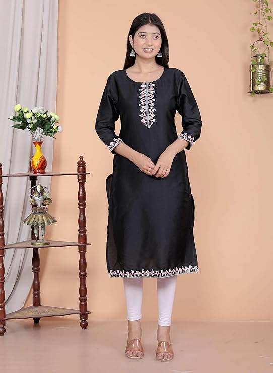 Women's Satin Embroidered Printed Straig...