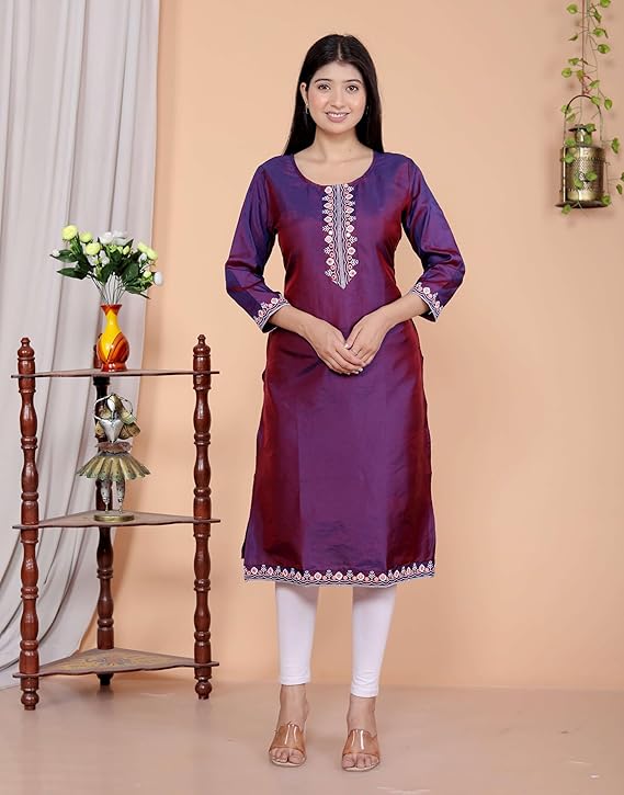 Women's Satin Embroidered Printed Straig...