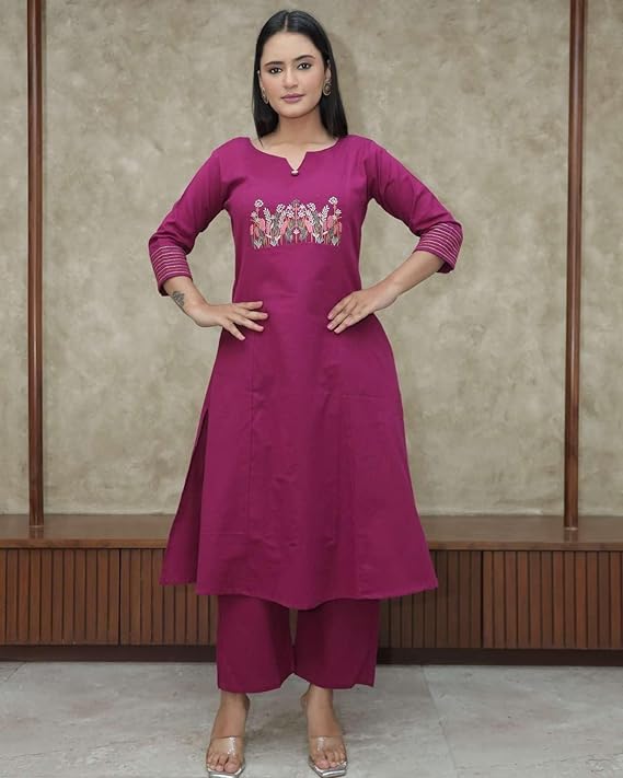 Women's Cotton Embroidered Straight Kurt...